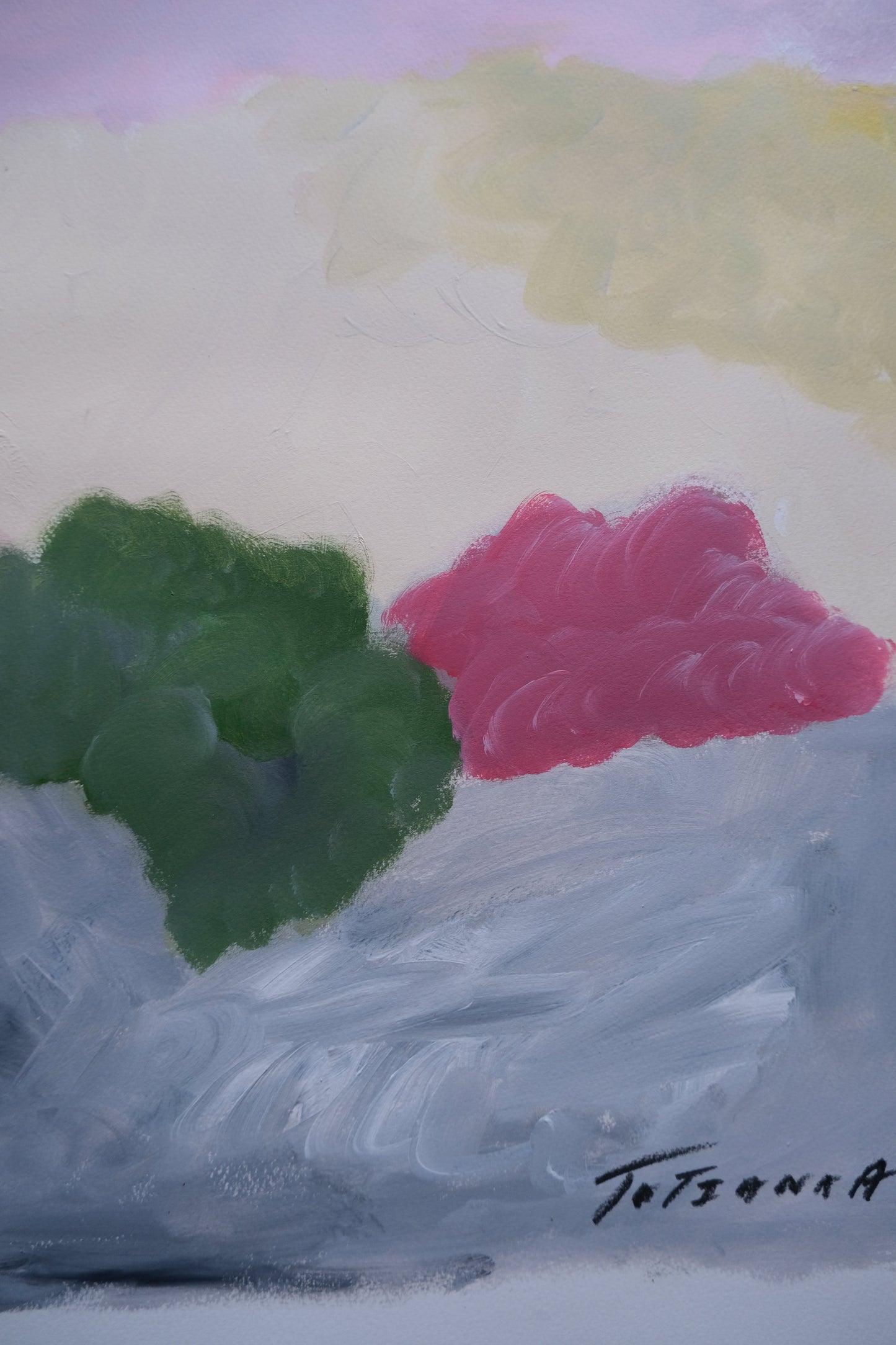 Abstract painting with pink and green shapes on a textured surface