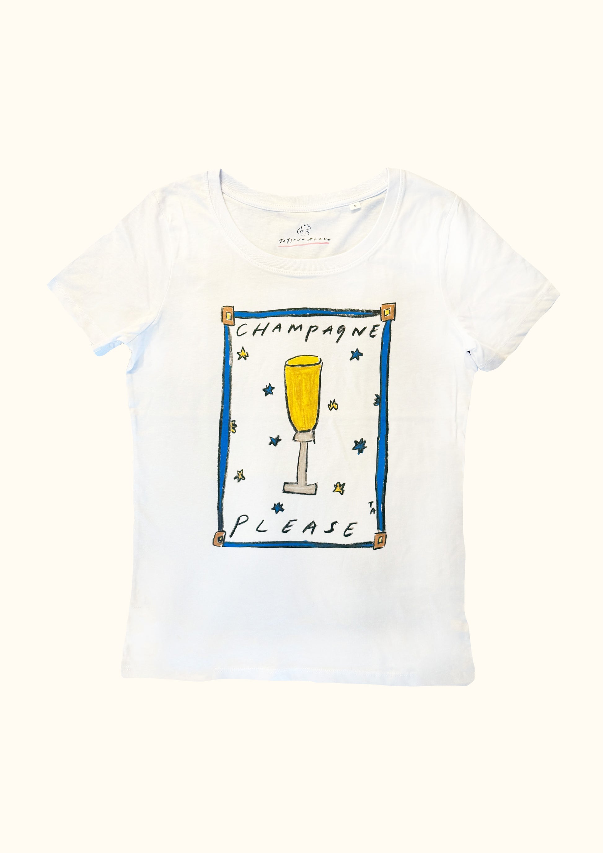 Champagne Please slogan t-shirt by Tatiana Alida, stylish Christmas t-shirt