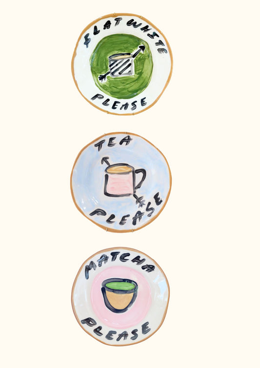 The Please Plate Trio — 3 Hand Painted Decorative Wall Plates Tea, Coffee & Matcha