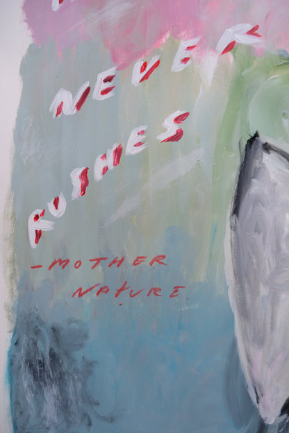 Abstract artwork with text 'MOTHER NATURE' and abstract shapes in pastel colors.