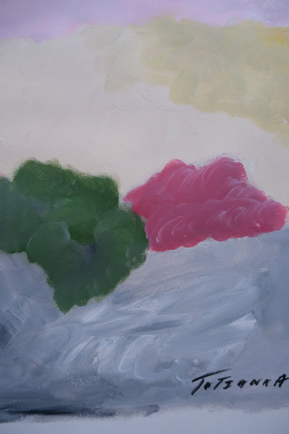 Abstract painting with pink and green shapes on a textured surface