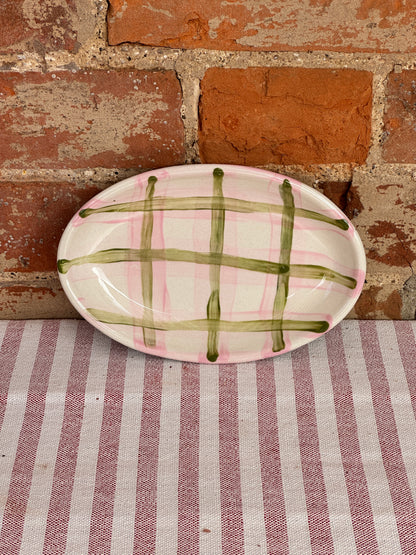 Pink & Green Small Tartan Oval Dish