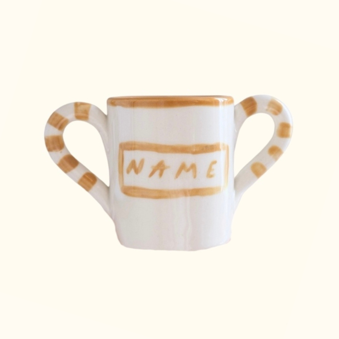Personalised baby mug in white and beige ceramic, a unique gift