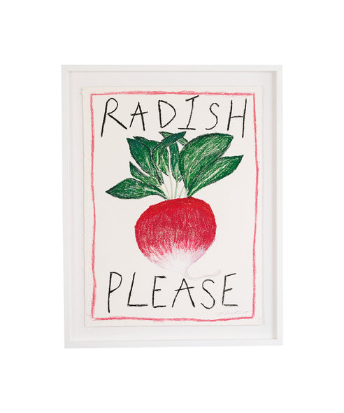 Radish "please" artwork. Red border with radish drawing in the centre. 